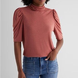 Express Skimming Linen-Blend Mock Neck Puff Sleeve Tee small NWT